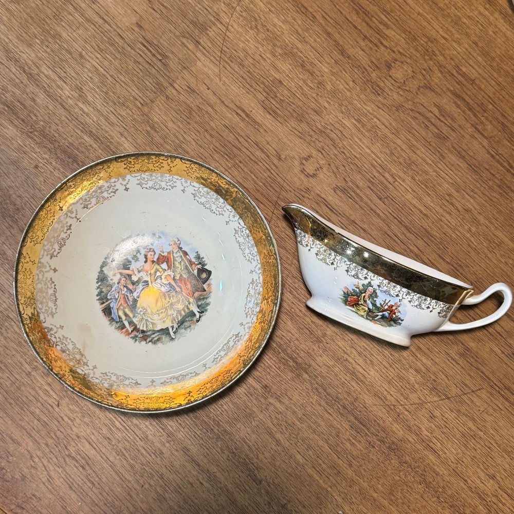 Vintage 50s Crest-O-Gold Sabin Warranted 22K Gold Hand Painted Bowl Gravy‎ Boat